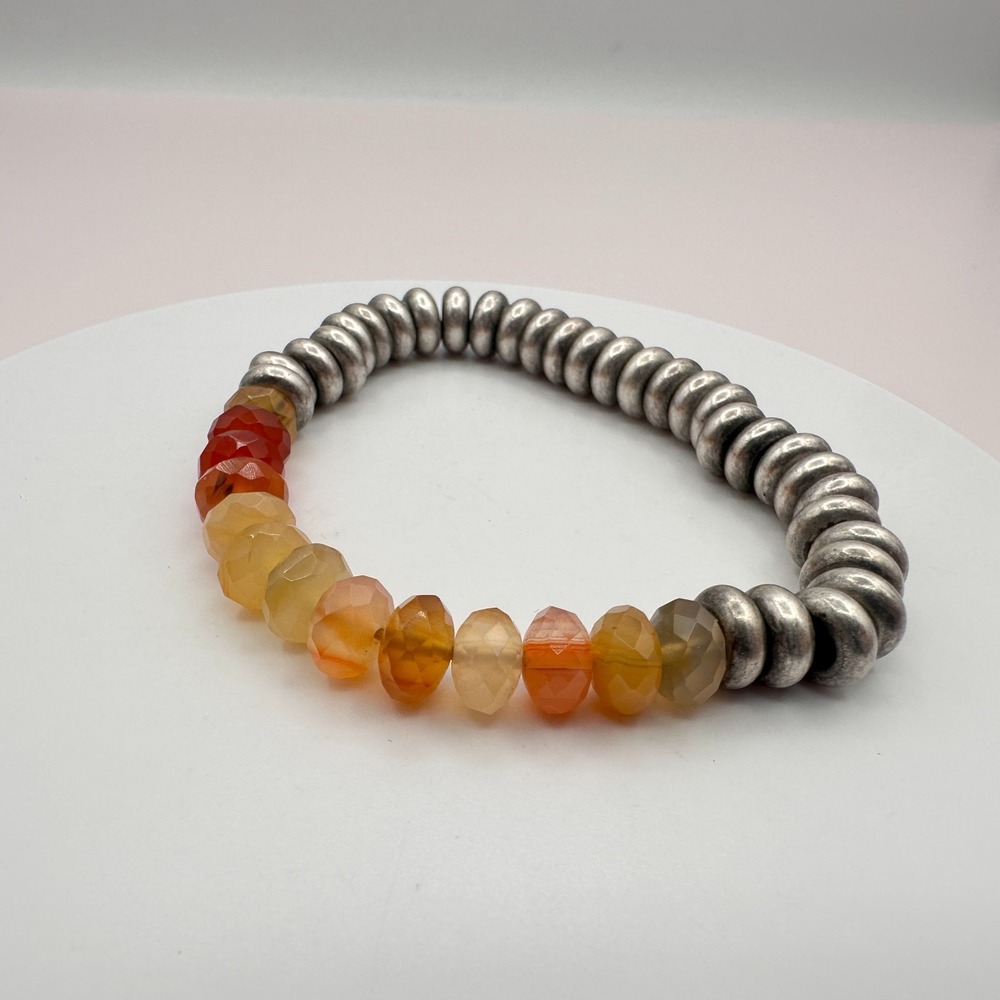 Vintage 90s Orange Carnelian Glass Beaded Silver Tone Stretch Bracelet Boho